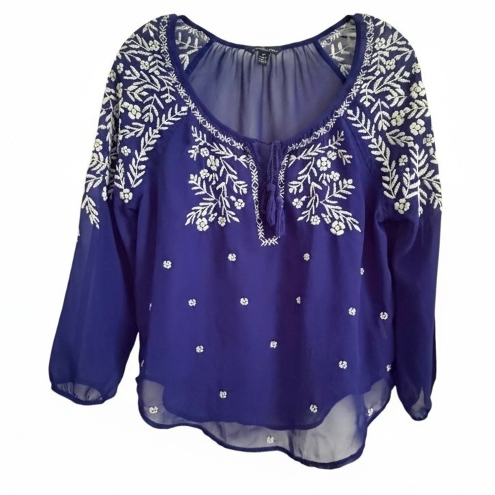 American Eagle Peasant Blouse Womens S Purple Embroidered Tassel Boho Cottage